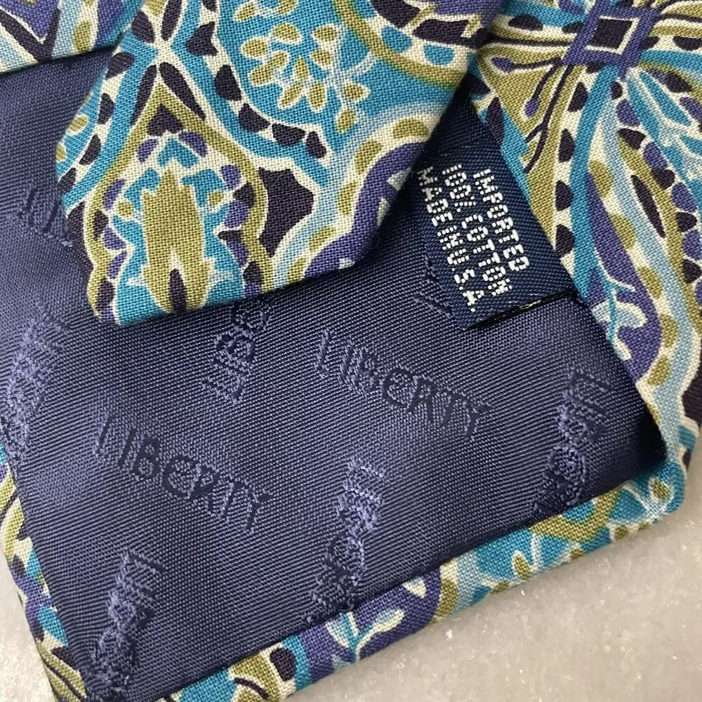 Liberty Of London Floral Mens Tie Cotton 80s 90s Vintage Blue Paisley Leaf Fine